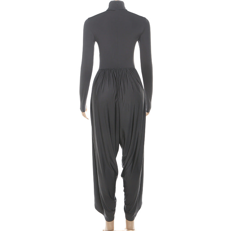 Fall Women Clothing Slim Fitting Cool Turtleneck Solid Color Long Sleeve Pleated High Waist One Piece Trousers Women