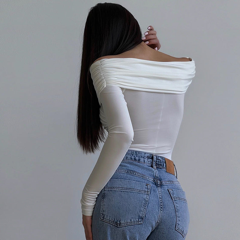 Women Clothing Popular Sexy off the Shoulder Long Sleeve Cross Pleated Slim High Waist Cold Shoulder Elegant Jumpsuit