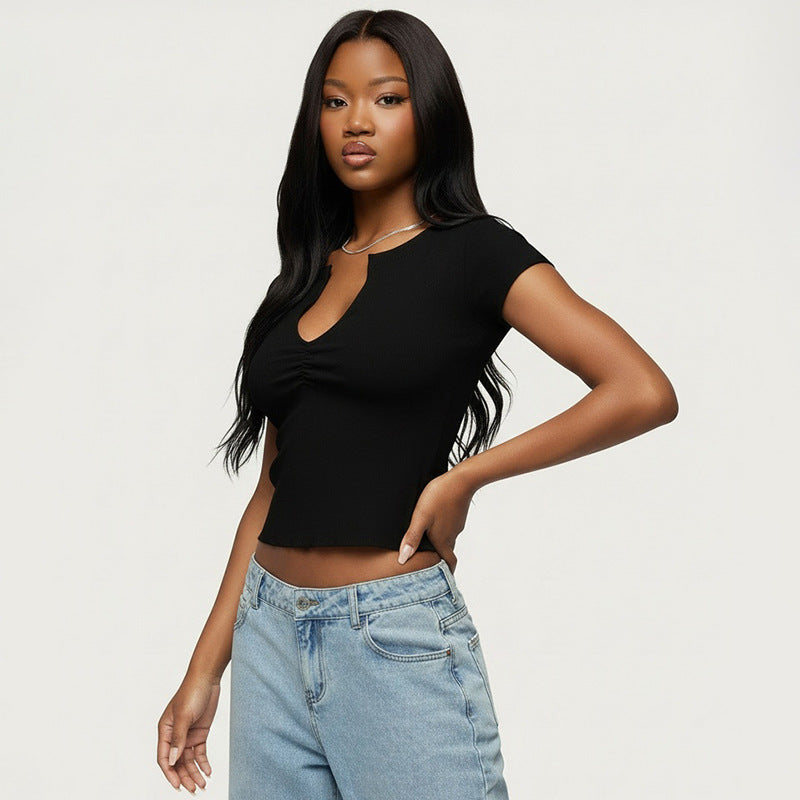 Women Clothing Sexy Solid Color V neck Slim Fit Cropped Short Sleeved Top T shirt