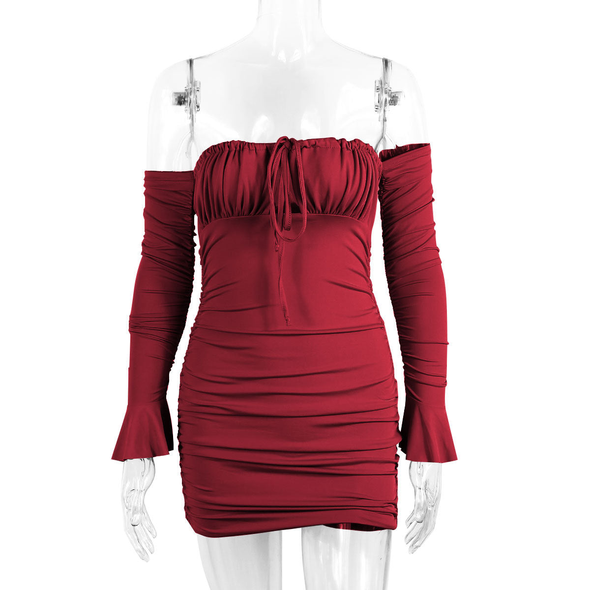 Women Clothing Spring Autumn Sexy Chest Wrapped Dress Chest Lace up Pleated Bell Sleeve Hip