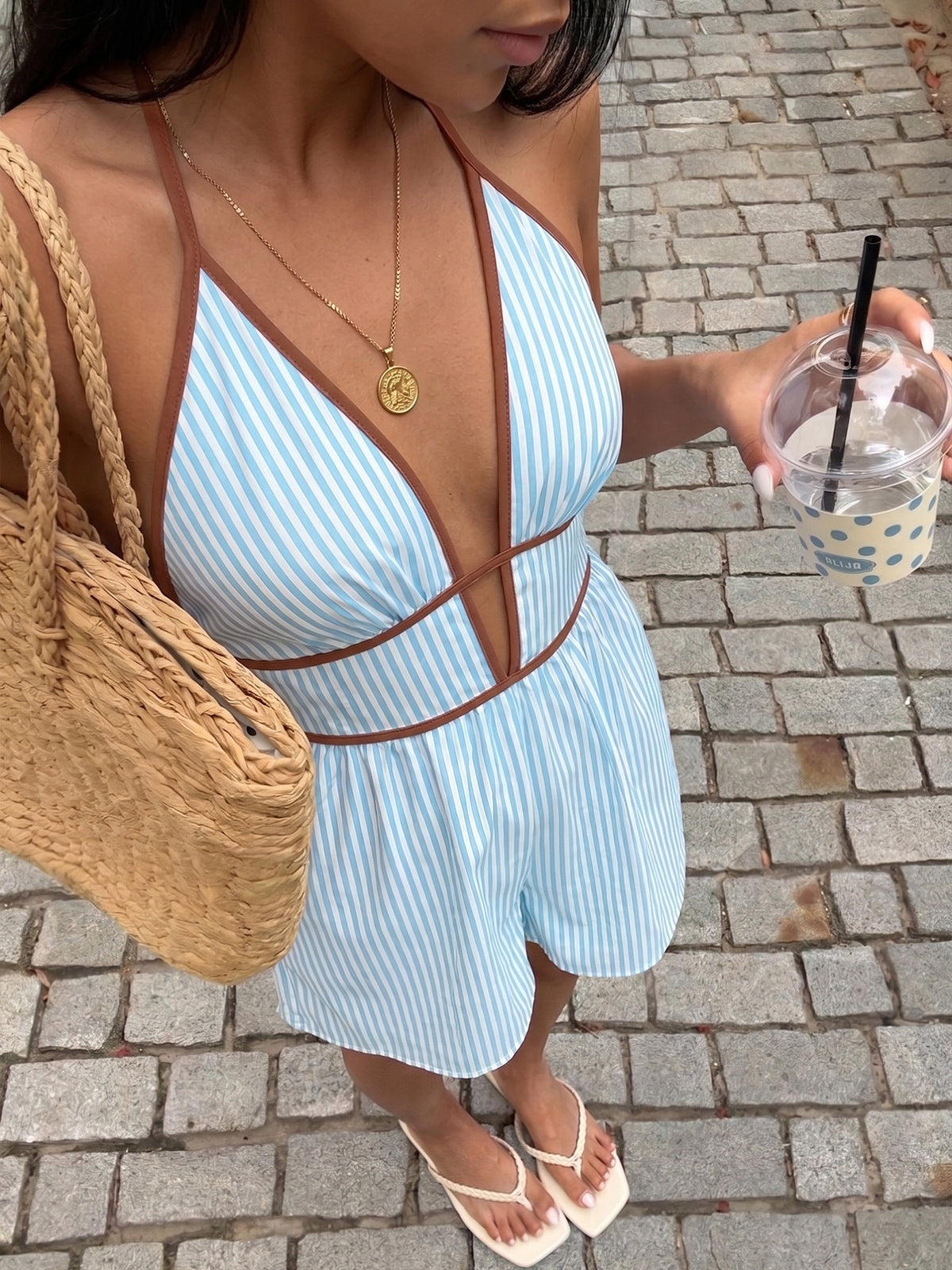Summer Office V neck Smocking Halter Striped Jumpsuit Women
