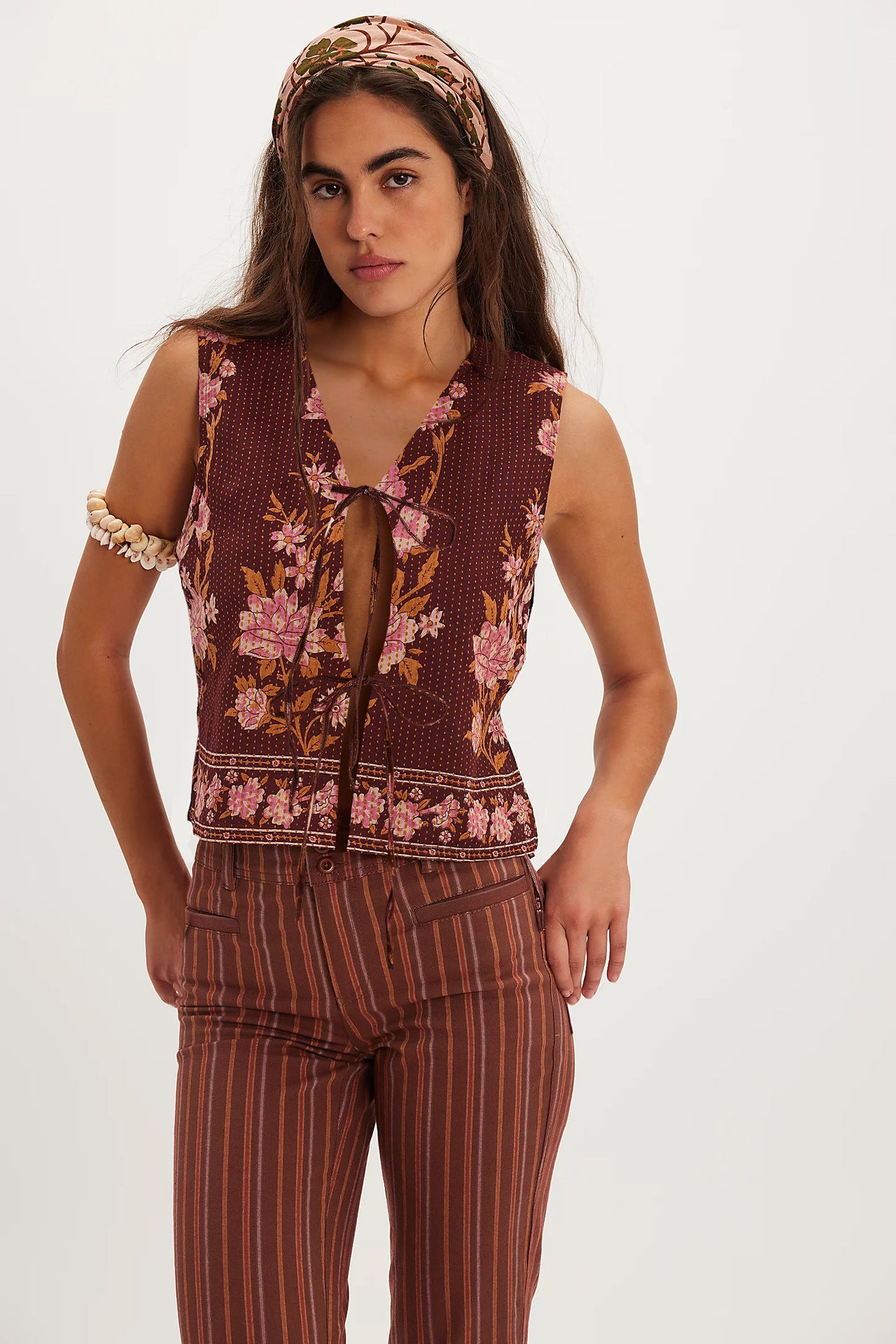 Women Tops Vintage Print Lace up Loose Ladies Vest