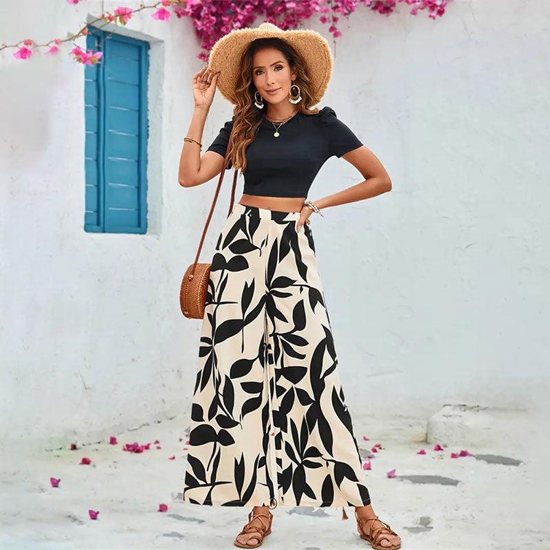 Leaf Printed Casual Pants Wide Leg Pants Short Sleeve Spring Summer Two Piece Set Tight Cropped T shirt Blouse Pants