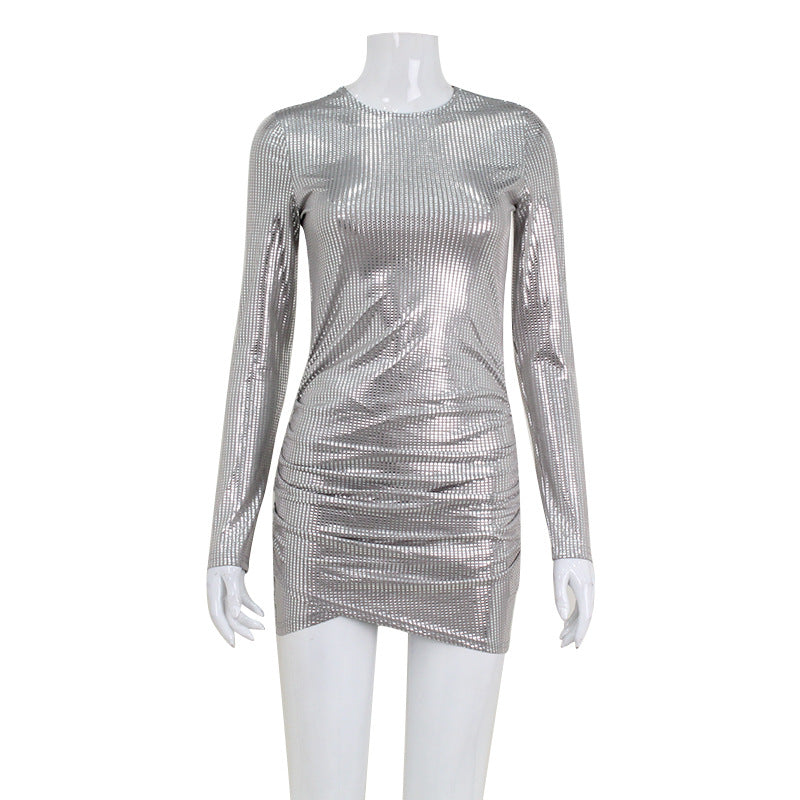 Women Clothing Sexy Round Neck Long Sleeve Sequ Dress Irregular Asymmetric Dress Sheath Short Dress Women