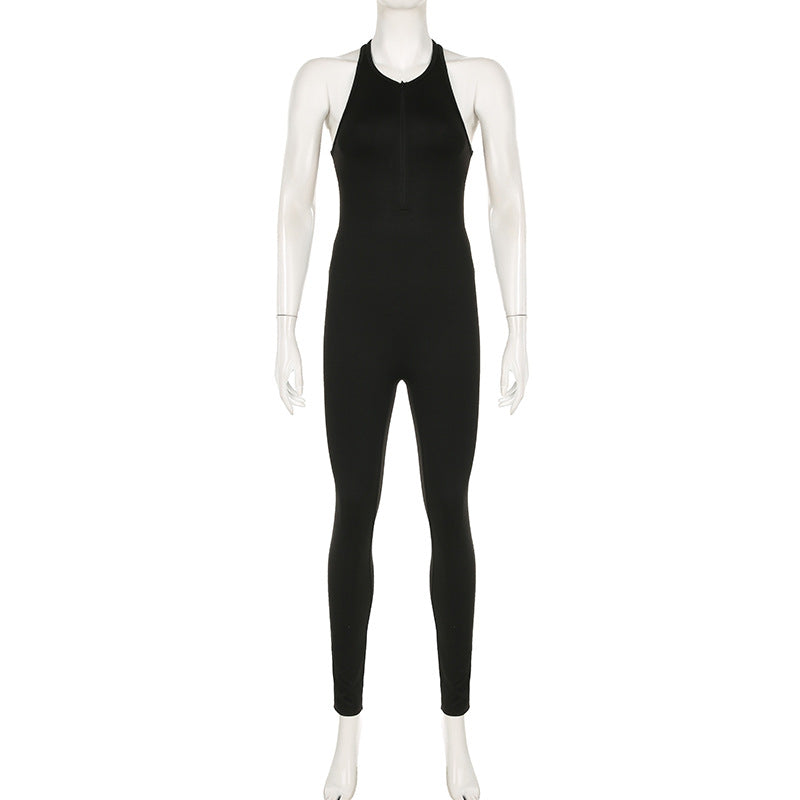 Sports Women Solid Color Yoga Pants Zipper Stitching Hollow Out Cutout Backless Tight Sleeveless One Piece Trousers