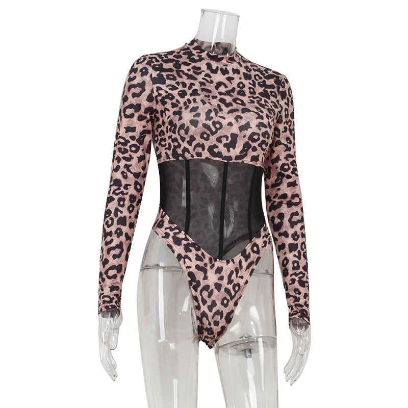 Sexy Leopard Print Printed Mesh Stitching Boning Corset Waist Trimming Sexy Jumpsuit Women