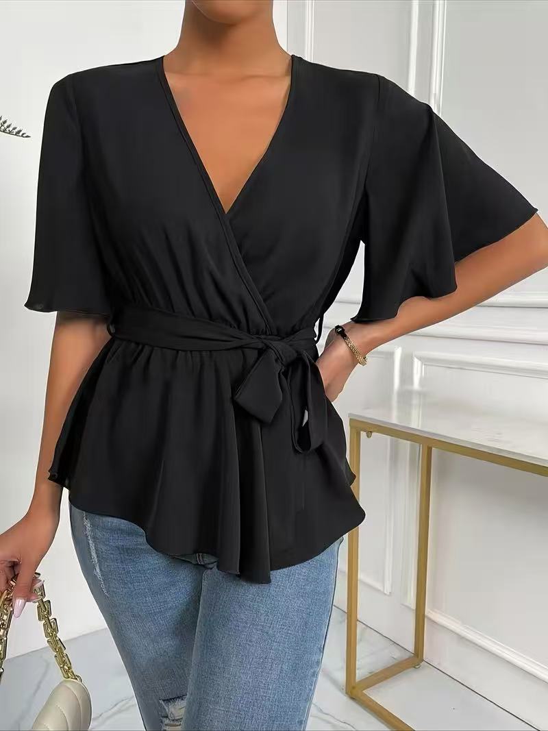Solid Color Elastic Waist Belt Women Summer Elegance Bell Sleeve Shirt Top Stand Alone