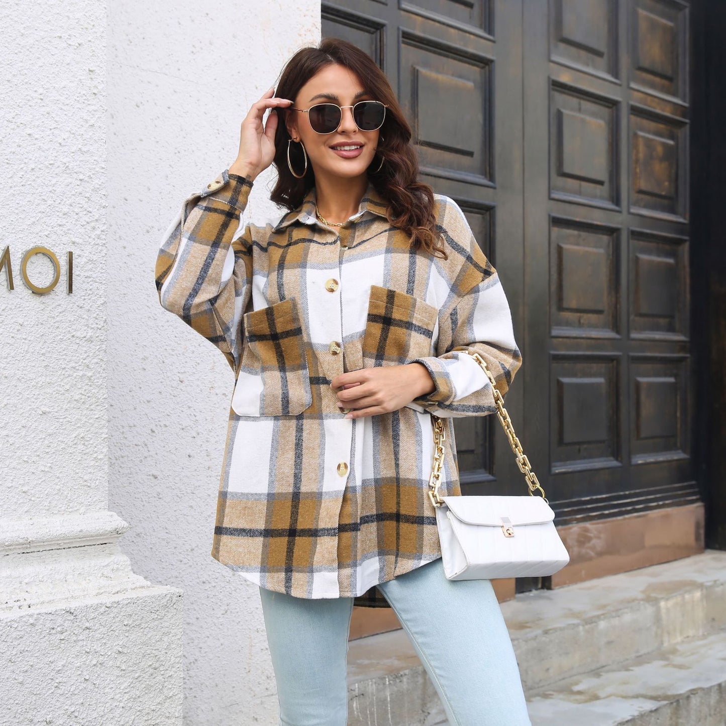 Plaid Coat Women Long Sleeve Mid Length Woolen Shacket Autumn Winter Women Clothing
