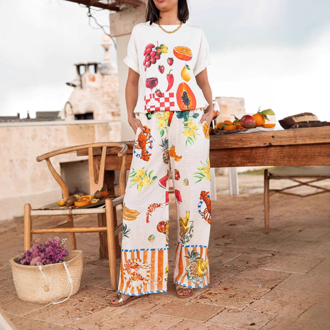 Graffiti Printing Loose Short Sleeve T shirt Wide Leg Straight Pants Vacation Set