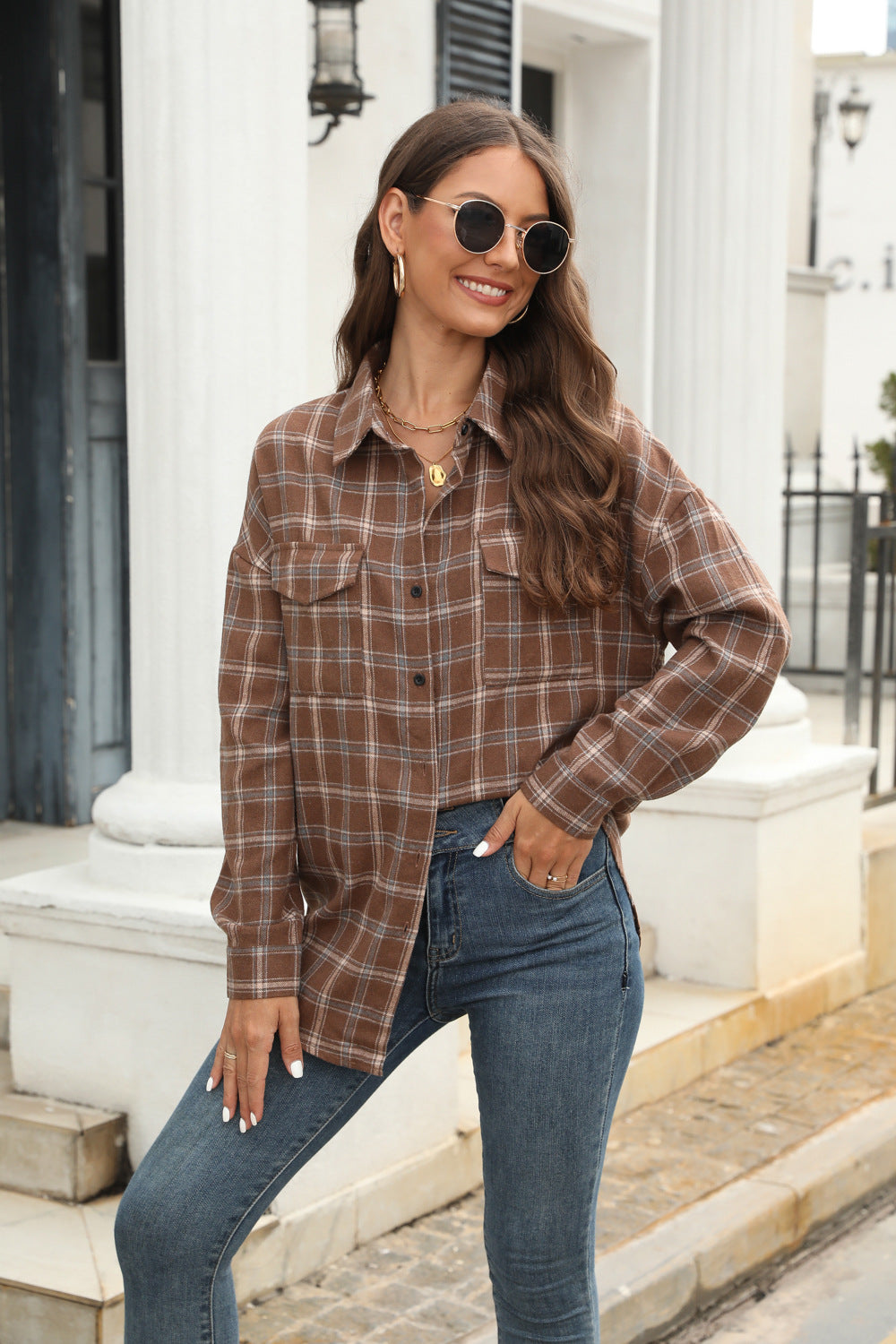 Women Long Sleeved Plaid Button Shirt Full Color Uniform Size Jacket