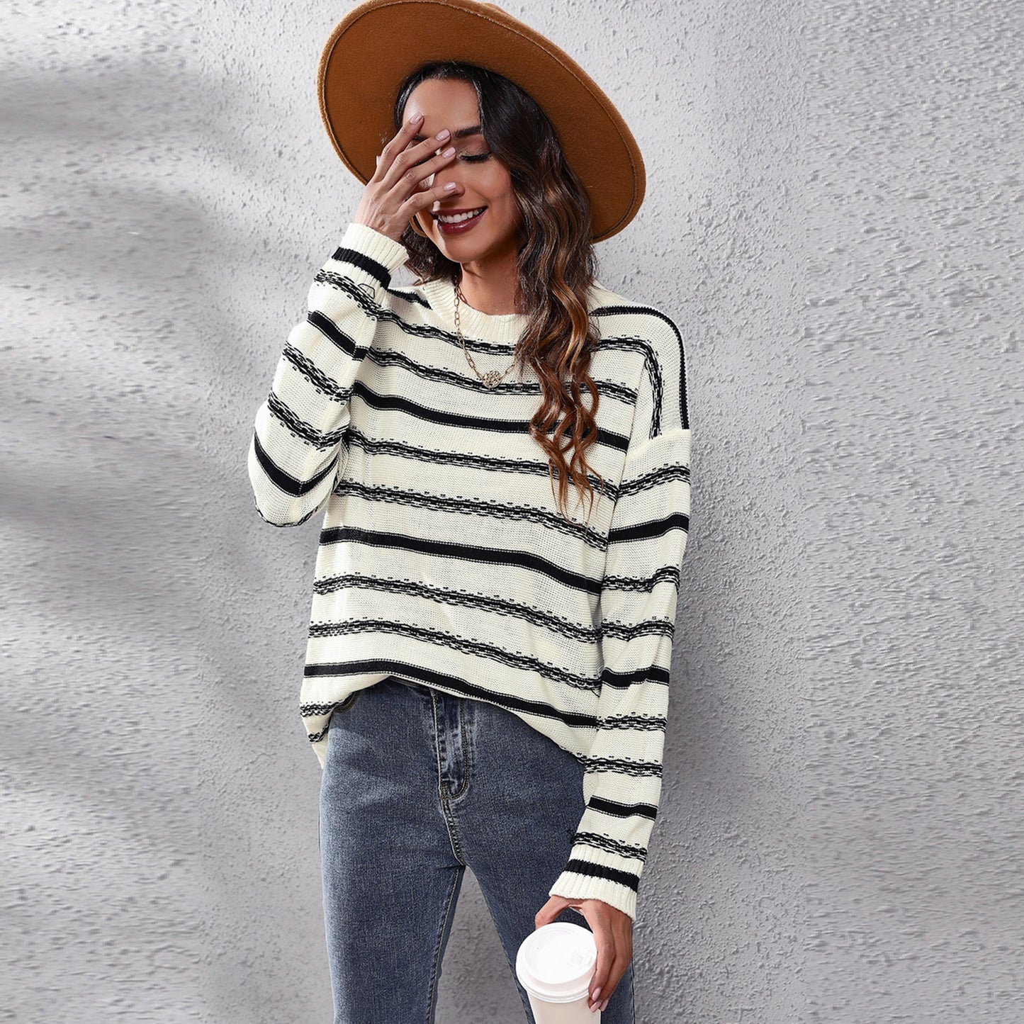 Striped Long Sleeved Sweater Women Loose Autumn Winter Knitwear Women Clothing Sweater