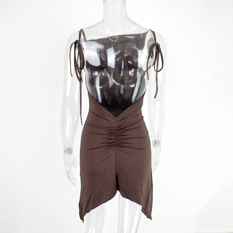 Women Clothing Summer Sexy Backless Irregular Asymmetric Pleated Straps Diagonal Collar Dress
