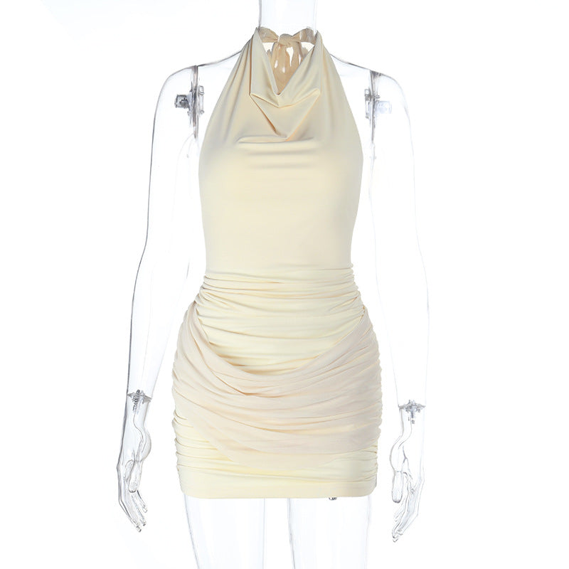 Spring Summer Pleated Hip Elegant Cold Shoulder Bodycon High Waist Turtleneck Dress