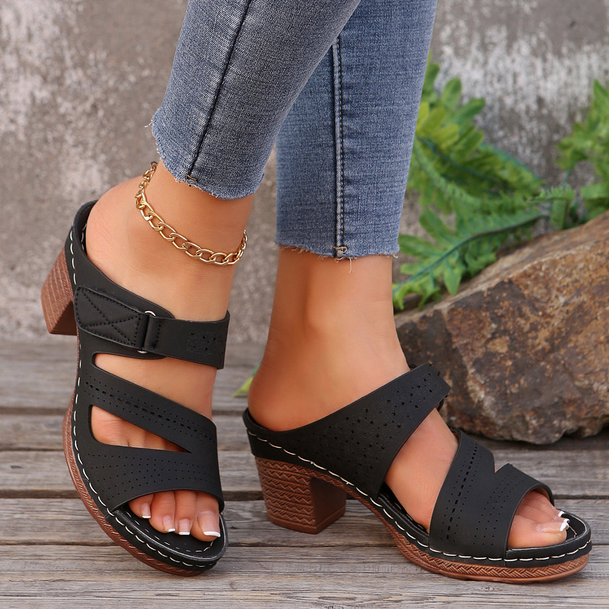 Hollow Out Cutout out Wedge Slippers Women Stitching Velcro Beach Slippers