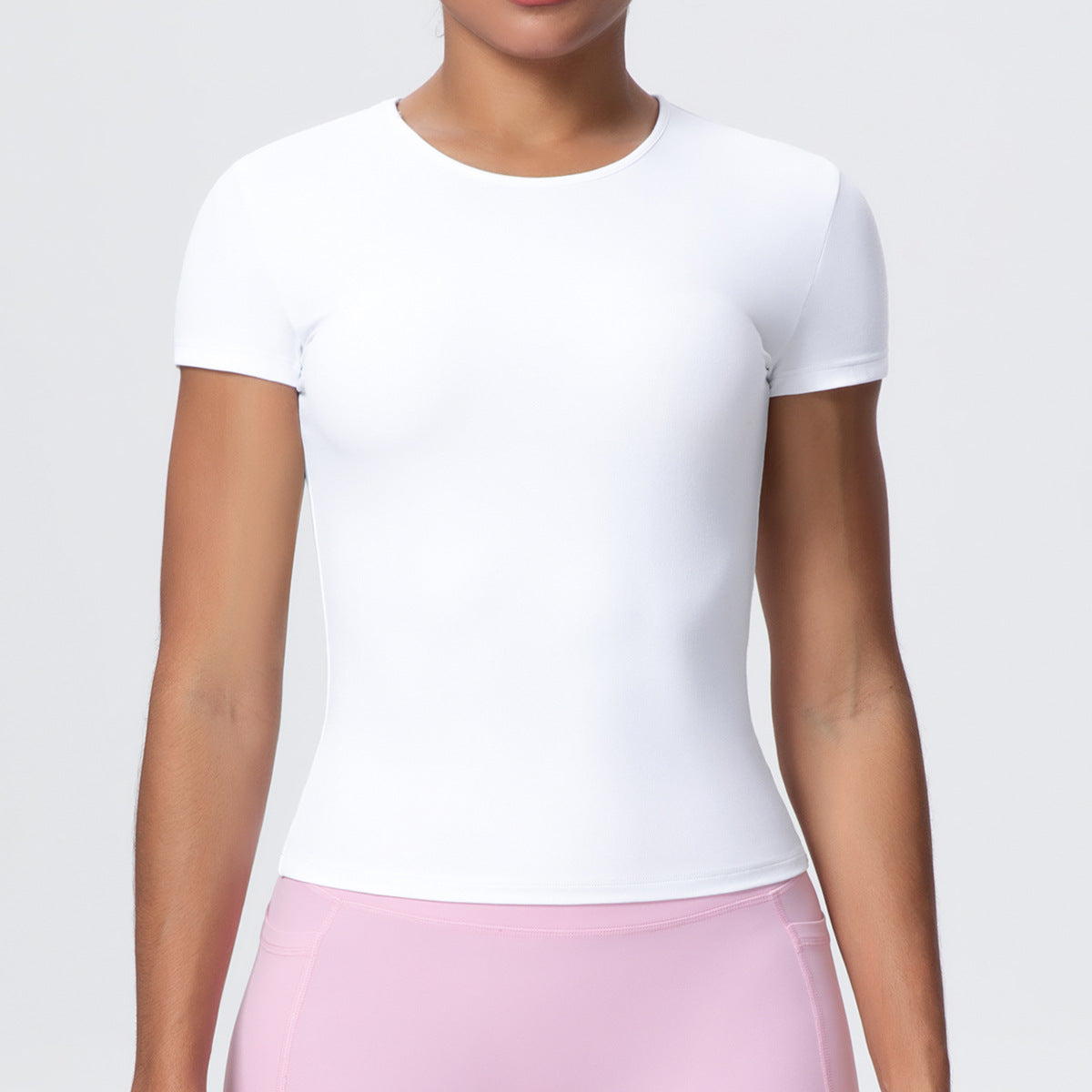 Casual Solid Color Sports Short Sleeve Waist Controlled Slim Fit Breathable Yoga T shirt Running Training Nude Feel Workout Top