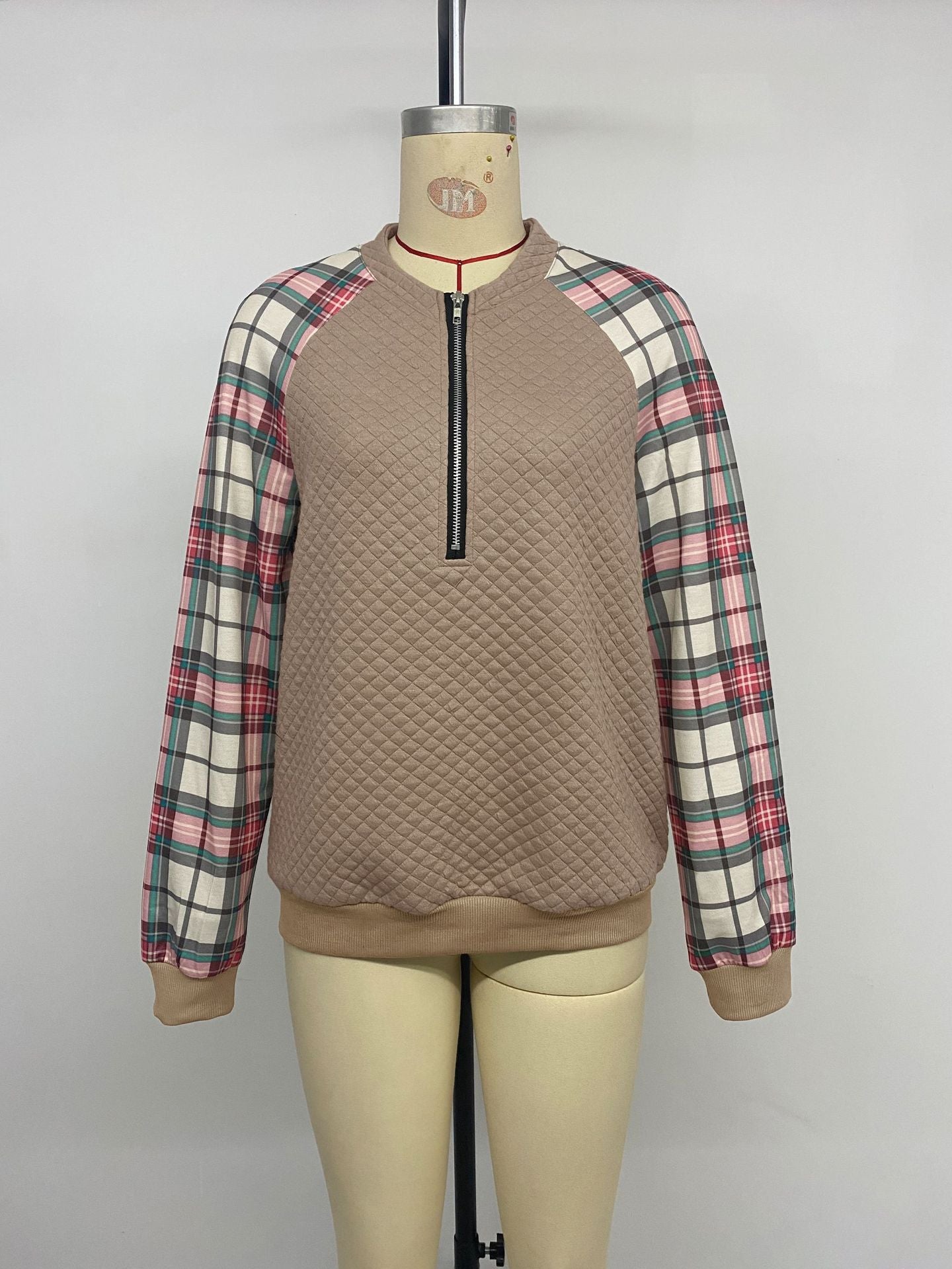 Casual Retro Cardigan Zipper Plaid Stitching Diamond Patterns Fabric Sweatshirts