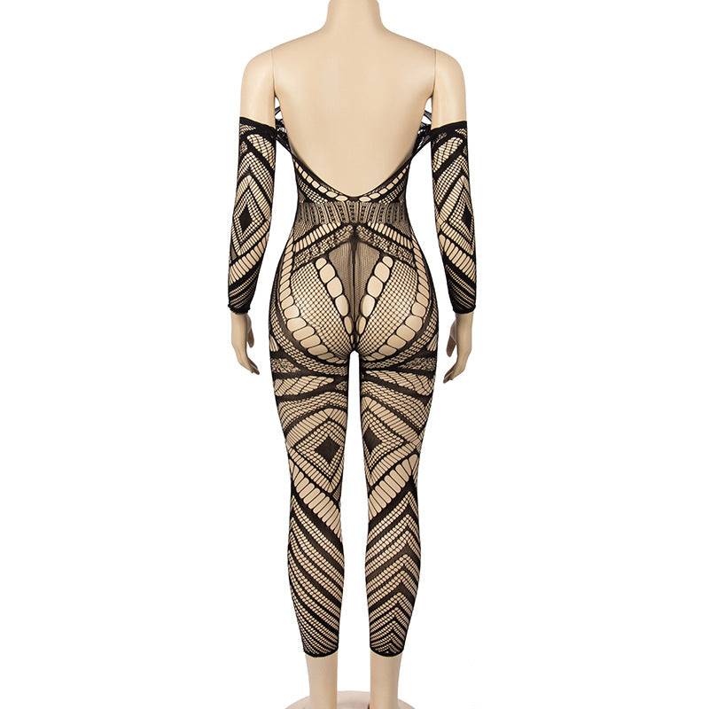 Summer Sexy Temptation Sheer Mesh Long Sleeve Sheath Jumpsuit