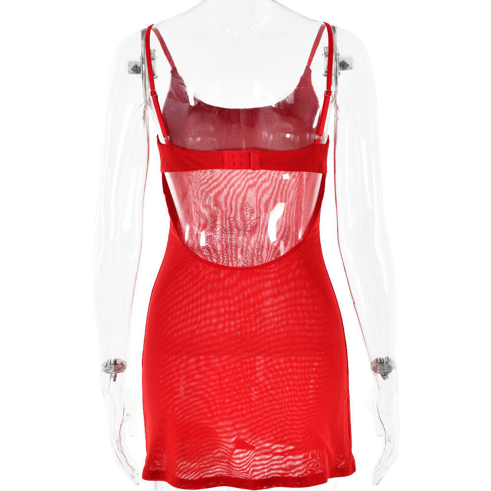 Rhinestone Sexy Suspenders Dress Backless Sleeveless Slim Fit Sexy Hip
