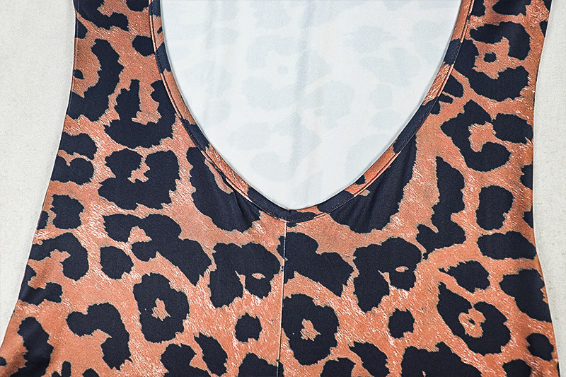 Personality Women Printed Wear Street Office Leopard Print Skinny Jumpsuit Short Sleeve Slim Jumpsuit