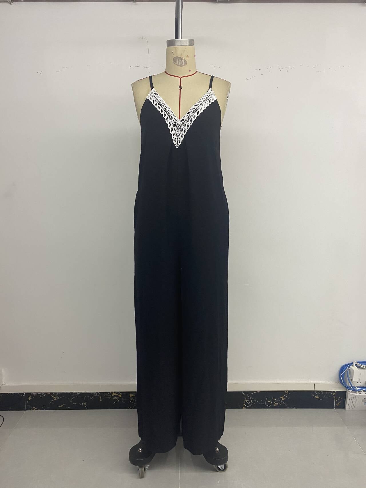 European Casual Party Simple Lace Splicing Sling Wide Leg Jumpsuit