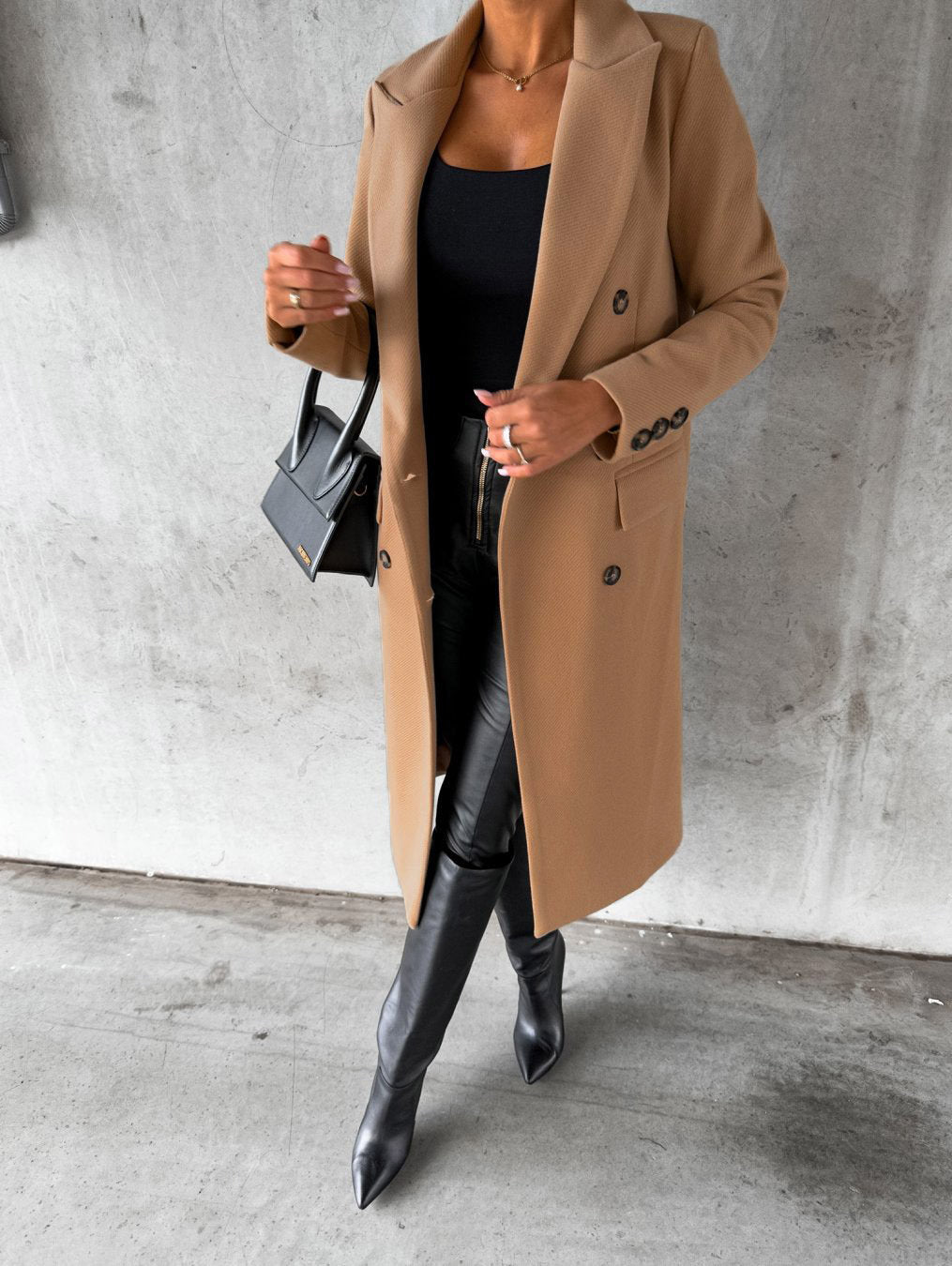 Autumn Winter Women Clothing Long Sleeve Polo Collar Solid Color Double Breasted Slim Fit Coat Overcoat