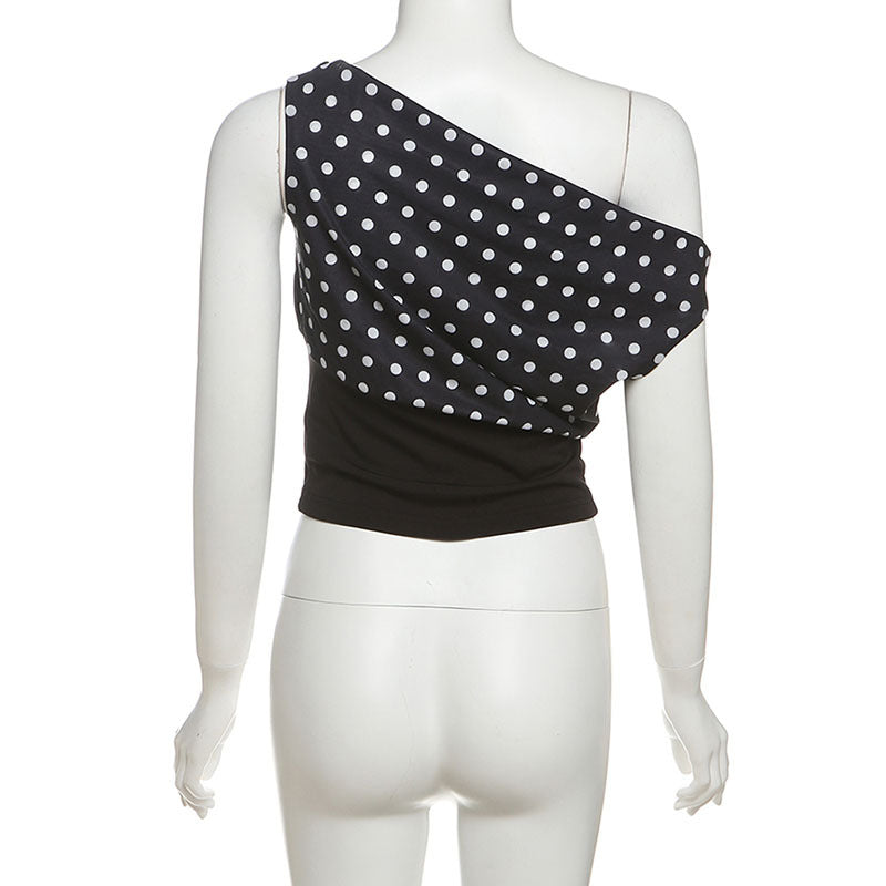 Summer Women Clothing Retro Gentle Dot Sexy One Shoulder Cropped Waist Controlled Top Women