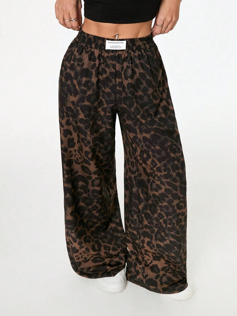 Women Winter Leopard Print Casual Pants Loose Elastic Waist Printed Wide Leg Trousers