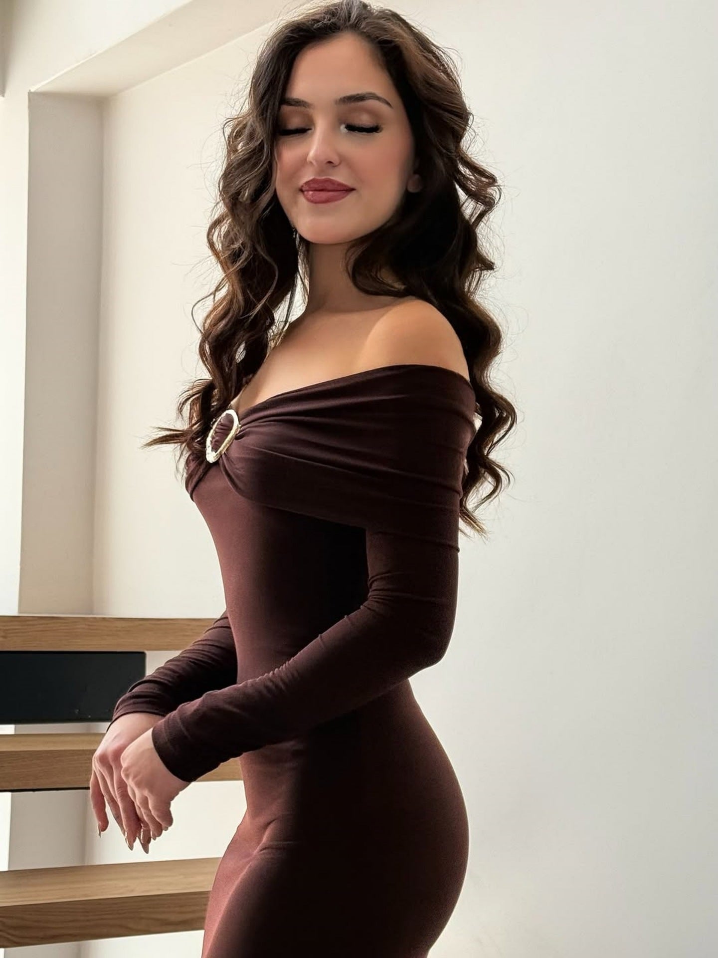 Women Clothing Fall Sexy Tube Top off Neck Solid Color Midi Dress