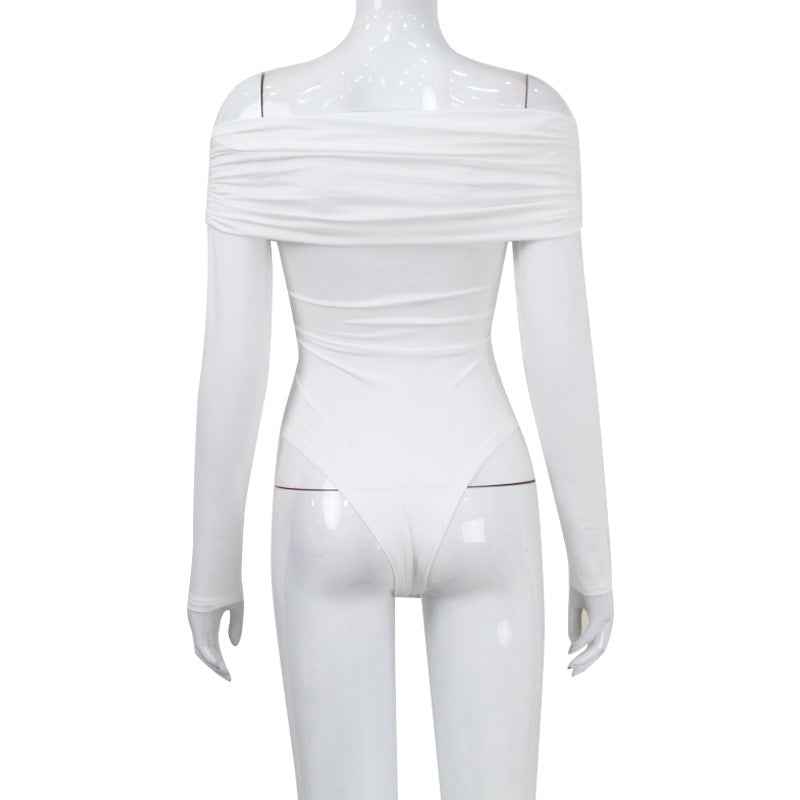 Women Clothing Popular Sexy off the Shoulder Long Sleeve Cross Pleated Slim High Waist Cold Shoulder Elegant Jumpsuit