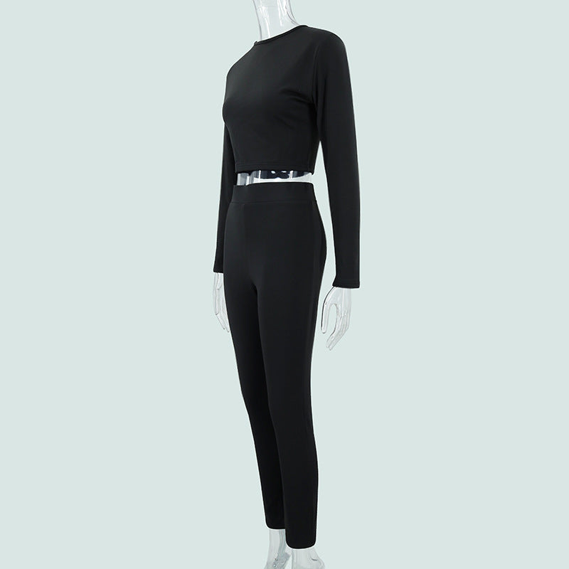 Women Clothing Autumn Simplicity round Neck Long Sleeve Top Low Waist Hip Wrapped Tight Trousers Two Piece Sets