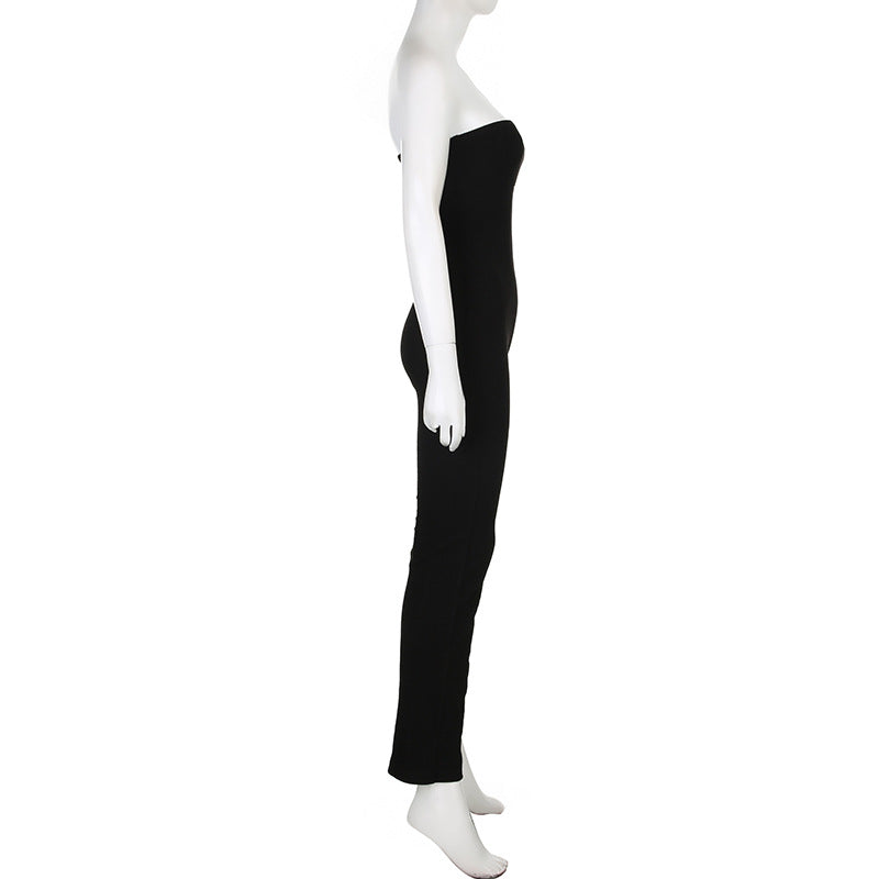 Women Clothing Basic Solid Color Slim Fit Tube Top off Neck Waist Tight Sports Casual Yoga One Piece Trousers