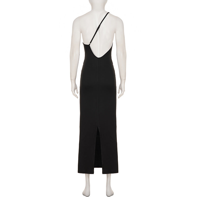 Sexy Lace up Big Back Exposure Dress Design Solid Color One Shoulder Slim Fit Maxi Dress