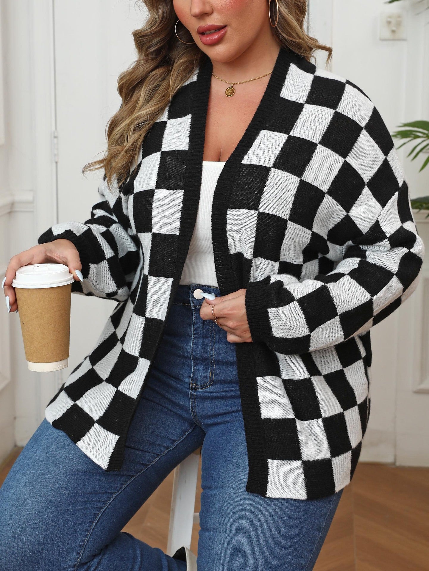 Plus Size Women Cardigan Color Contrast Patchwork Chessboard Plaid Loose Casual Sweater Coat