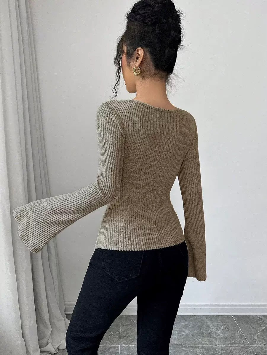 Autumn Winter Women Clothing Ribbing Bottoming Sweater off the Shoulder Slim Knitted Long Sleeved Top Office