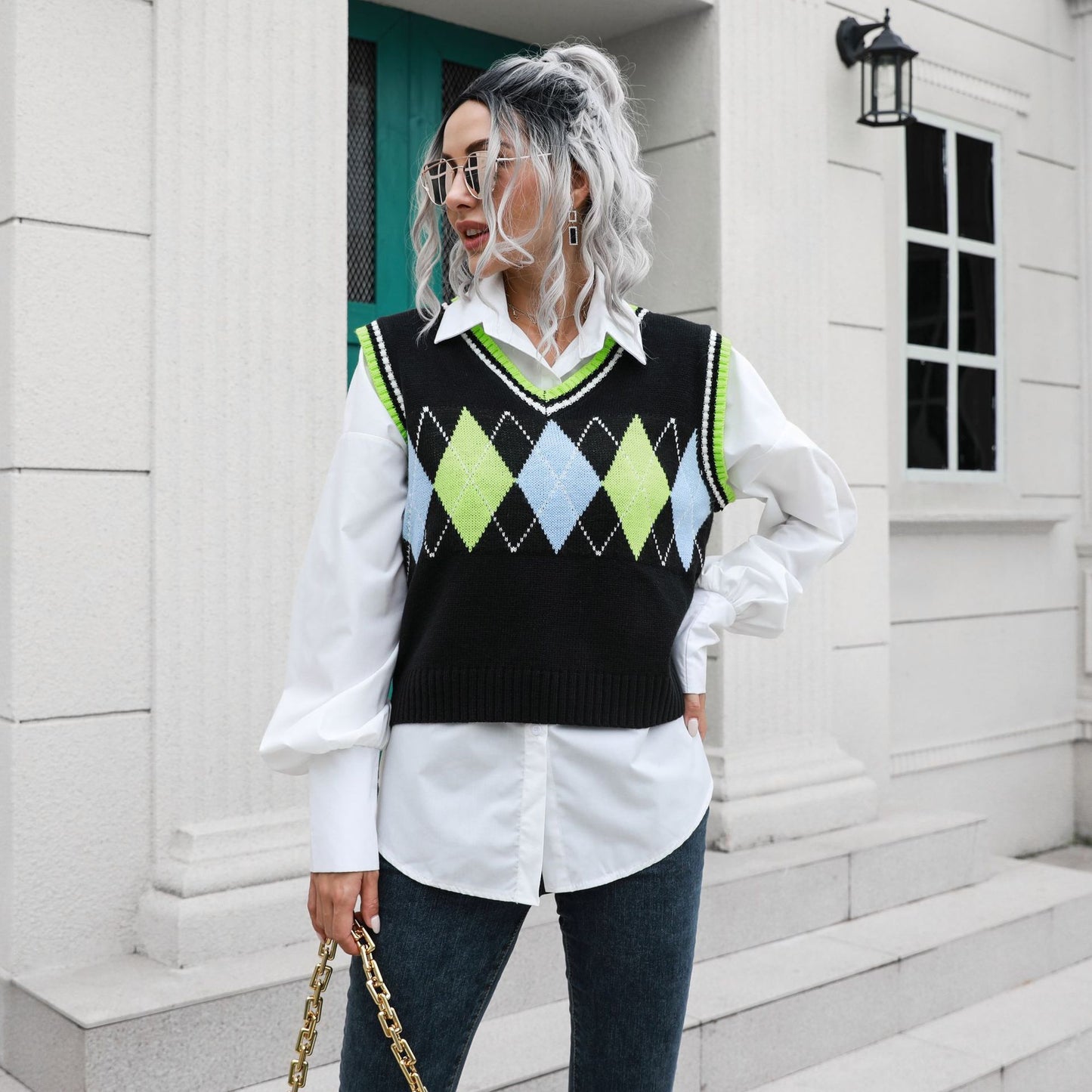 Rhombus V-neck Plaid Vest Sweater Women Vest Outer Wear Inner Wear Autumn Winter Knitwear Sweater