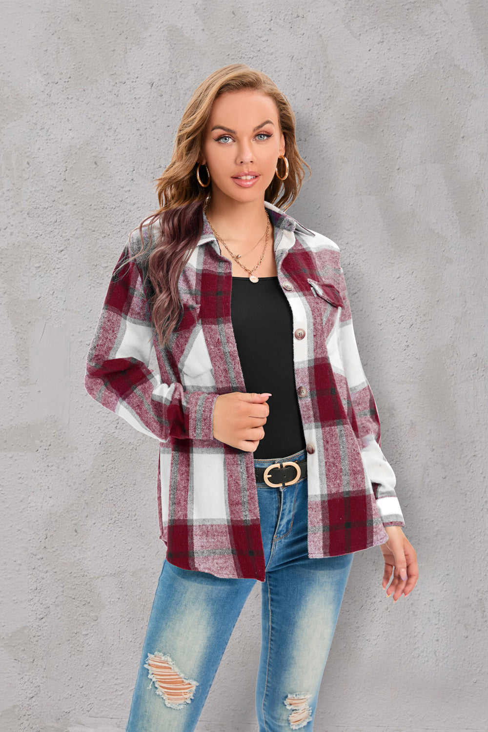 Popular Jacket Long Sleeved Plaid Button Shirt Top for Women