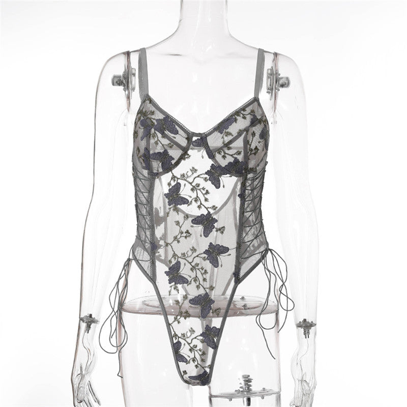 Sexy Lingerie Classic Embroidered Mesh Lace up Criss Cross Nipped-Waist New Jumpsuit