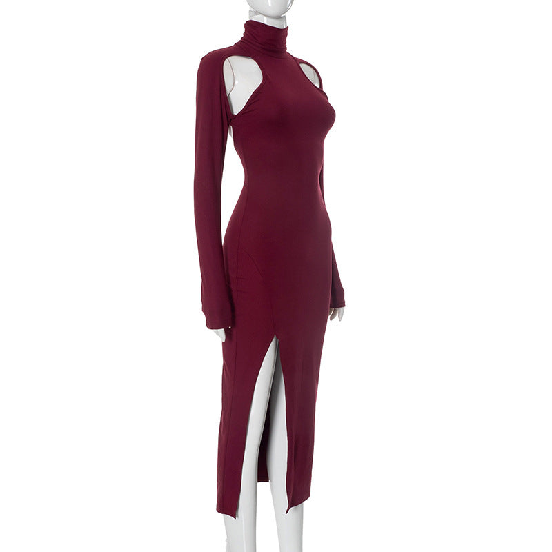 Women Sexy Slim Deep Cerise Hollow Out Cutout Split Mid Length Dress