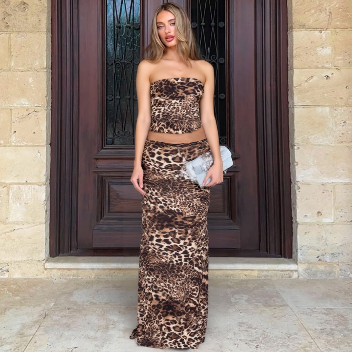 Women Summer Printed Sexy Tube Top Slim Skirt Set