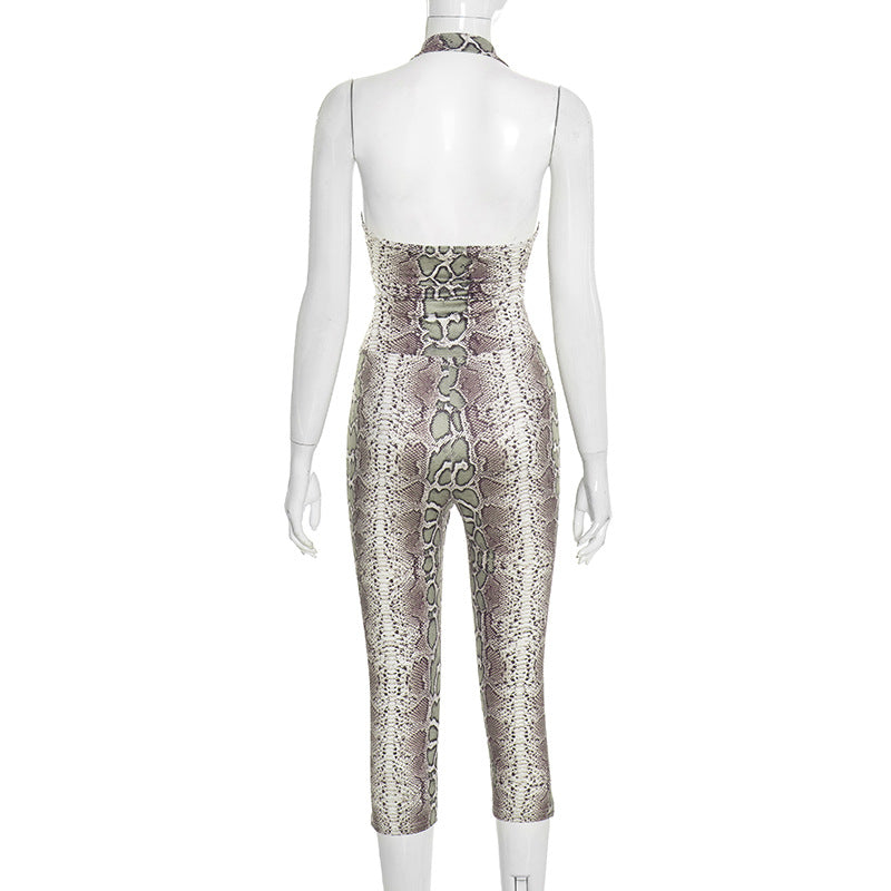 Women Clothing Autumn Winter Elegant Sexy Sleeveless Snake Print Sling Slim Fit Long Conjoined Trousers