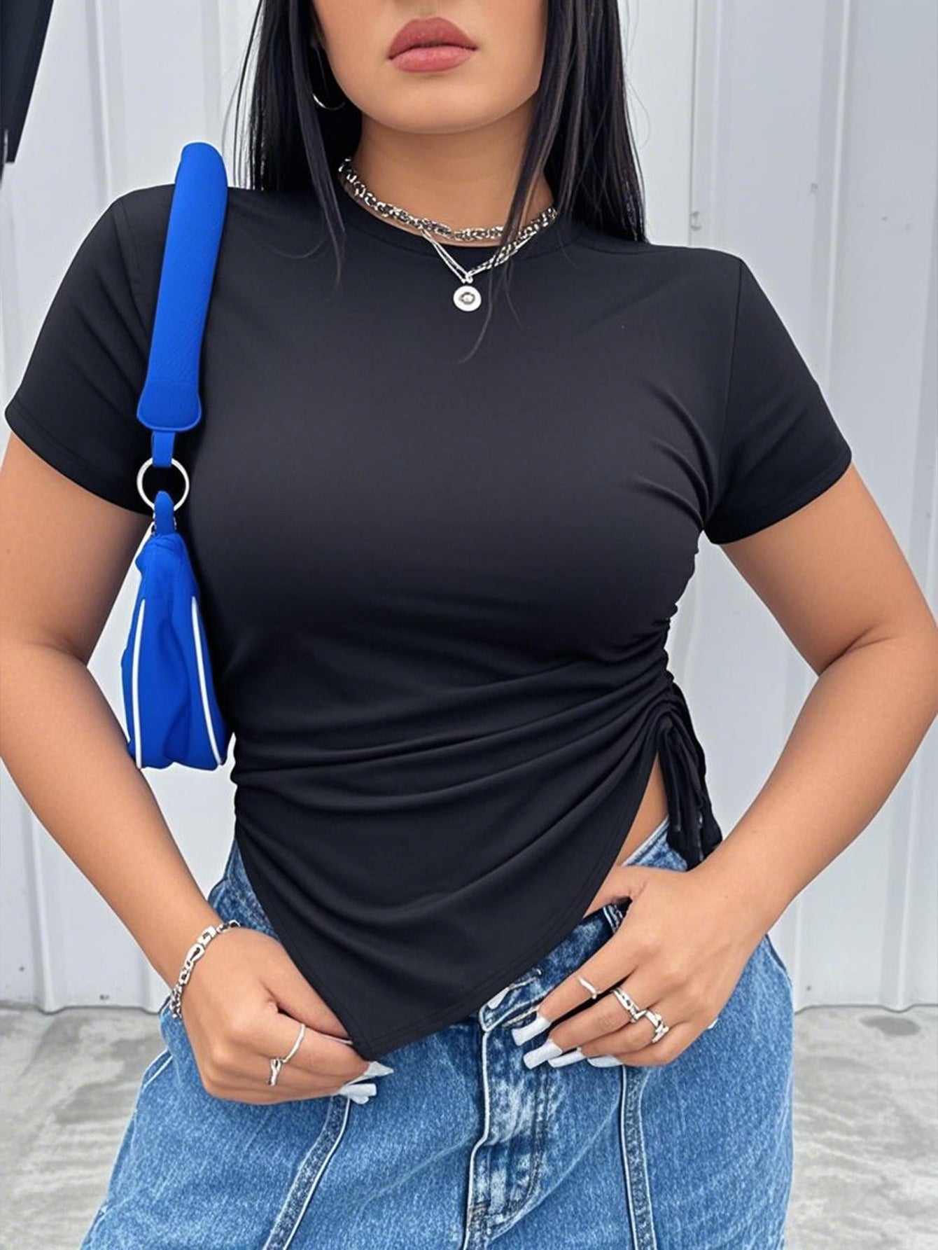 Women Clothing Summer Plus Size Plump Girls Side Slit Short Sleeve T shirt Top