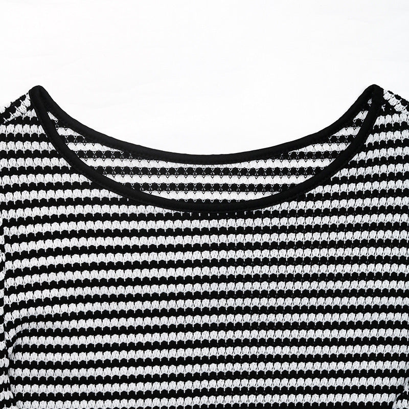 Women Summer Ruffle Sleeve T shirt Black White Striped round Neck Casual Short Sleeve Top
