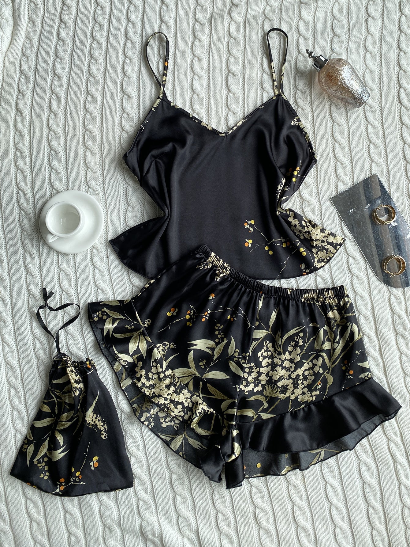 Spring Summer Imitated Silk Pajamas Two-Piece Printed Shorts Home Wear Suit Sexy Sling Dress