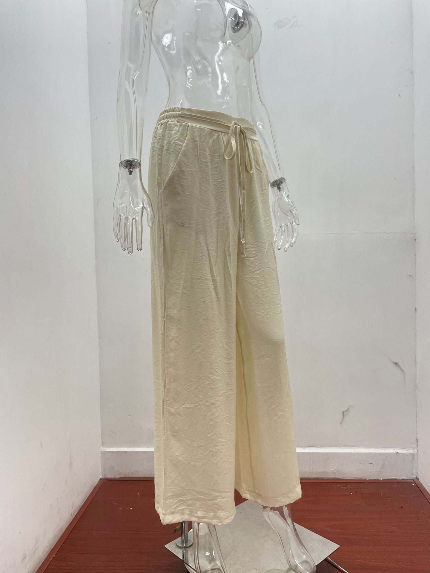 Summer Women High Waist Casual Trousers Solid Color Elastic Waist Lace-up Loose Wide-Leg Pants Women
