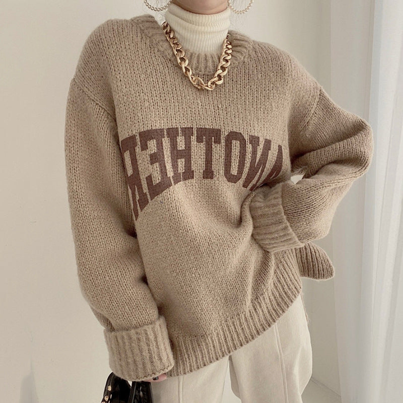 Korean Chic Western Candy Sweater Women Autumn Winter Loose Lazy Thick Round Neck Letter Graphic Sweater