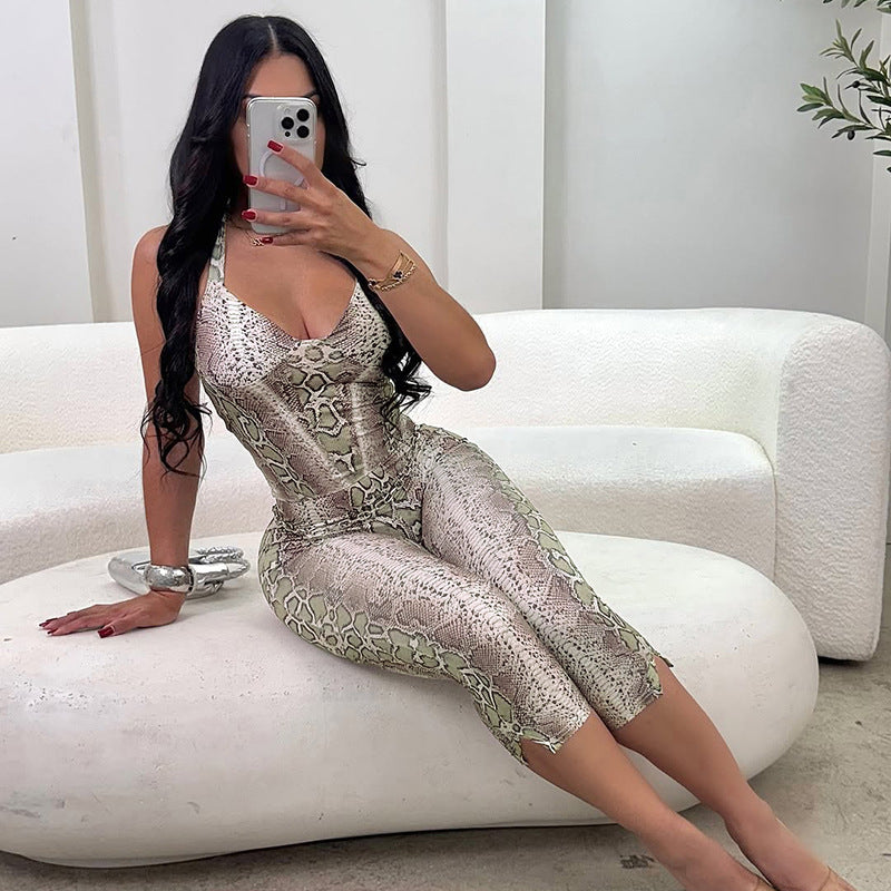 Women Clothing Autumn Winter Elegant Sexy Sleeveless Snake Print Sling Slim Fit Long Conjoined Trousers