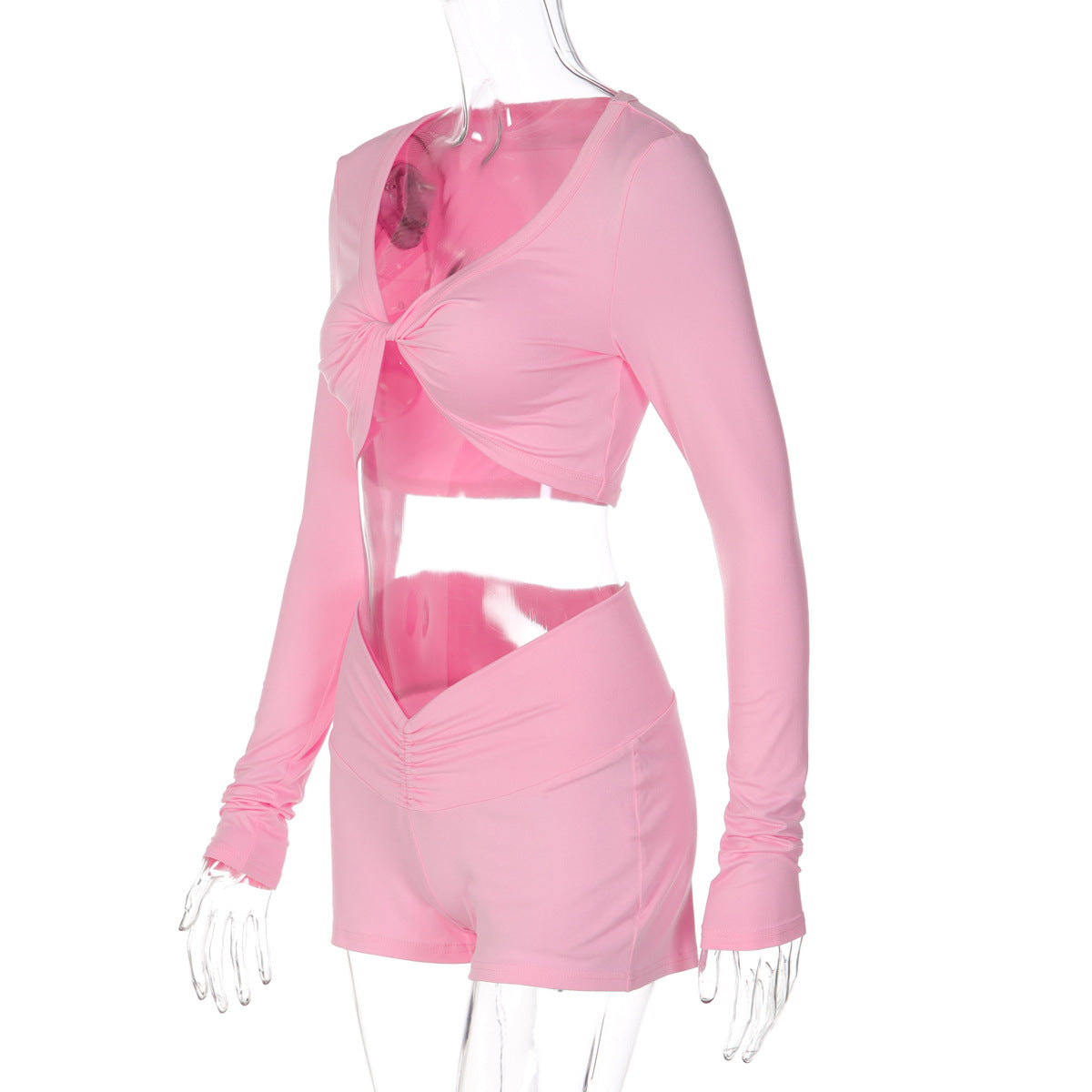 Winter Solid Color Twisted Long Sleeved Top Tight Shorts Sports Casual Set for Women