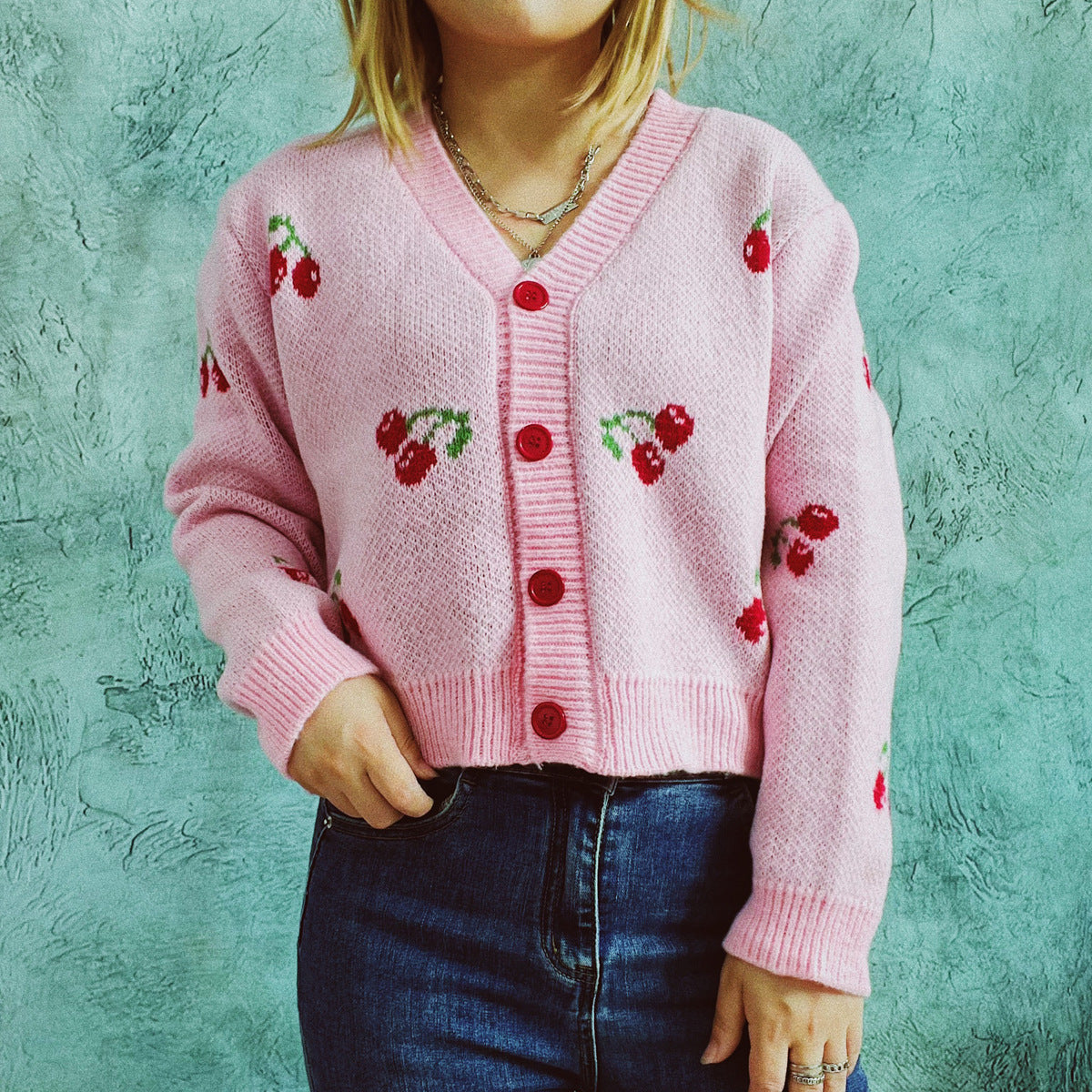 Autumn Winter Small Coat Single-Breasted Long Sleeve Short Sweater Cardigan for Women Sweet Cute Cherry Pattern