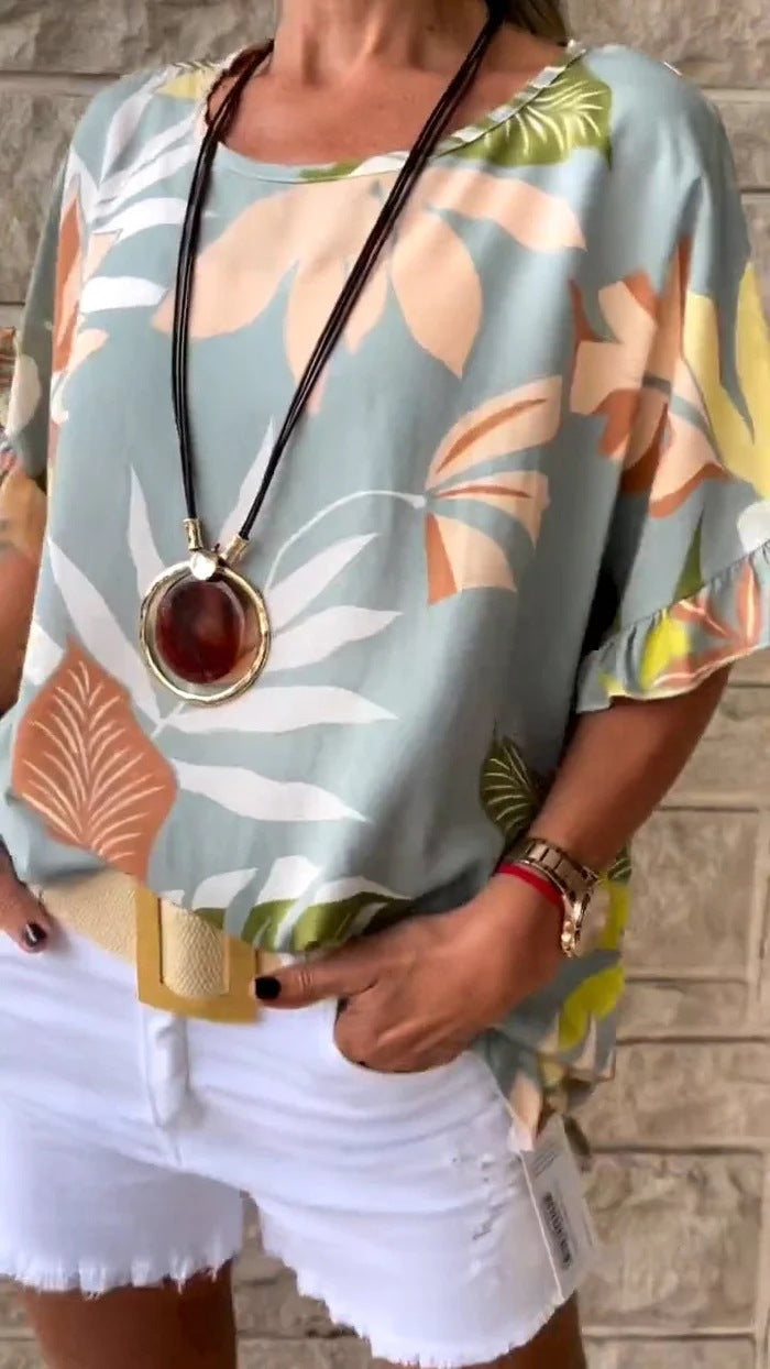 Short Sleeved T shirt Summer Leaf Printed Ruffle Sleeve Short Sleeved T shirt