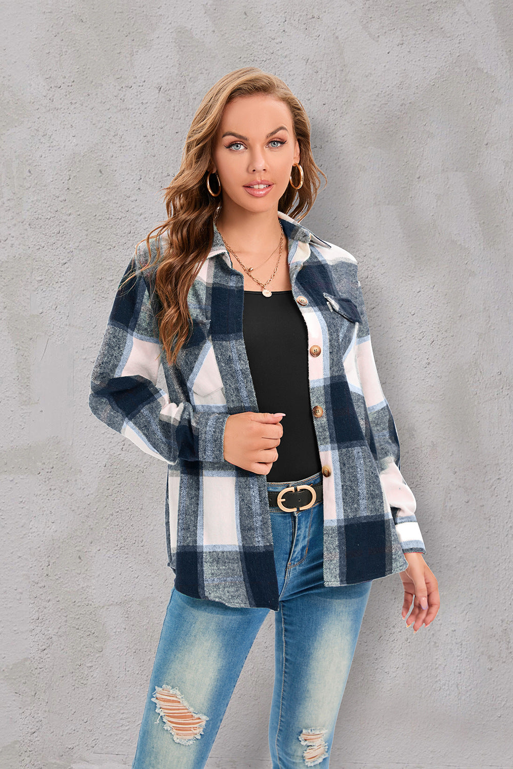 Popular Jacket Long Sleeved Plaid Button Shirt Top for Women